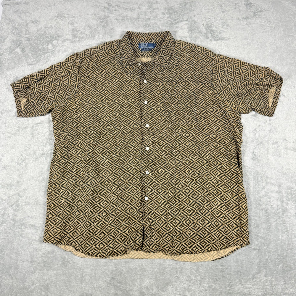 Polo Ralph Lauren Mens XXL Bonnard Silk Linen Shirt Geometric Diamond Tan Black